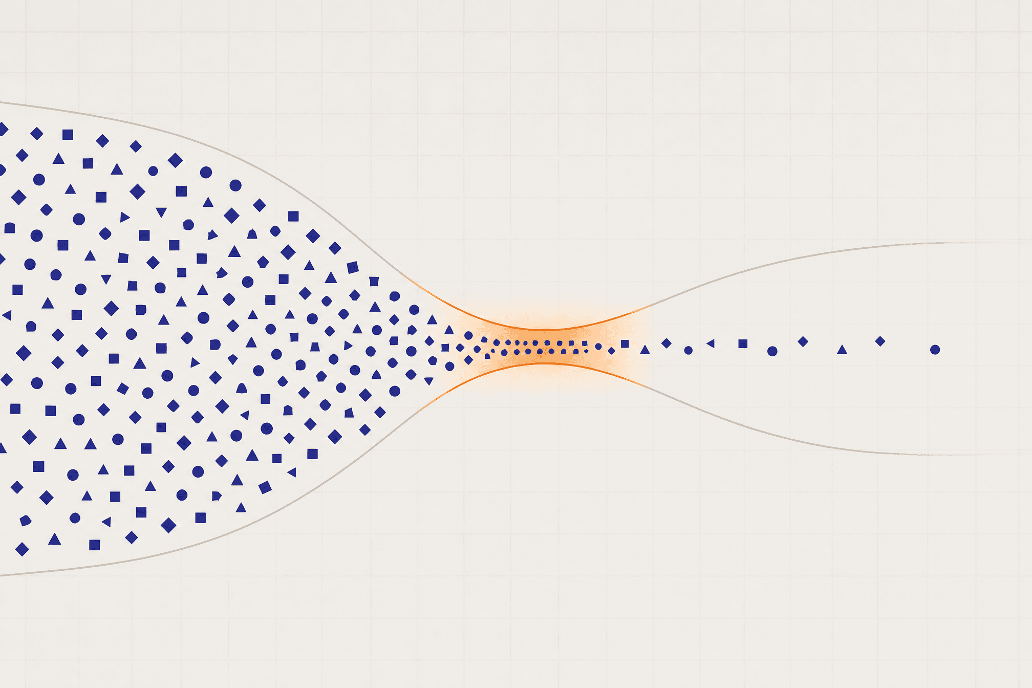 Many items flowing through a narrow highlighted bottleneck