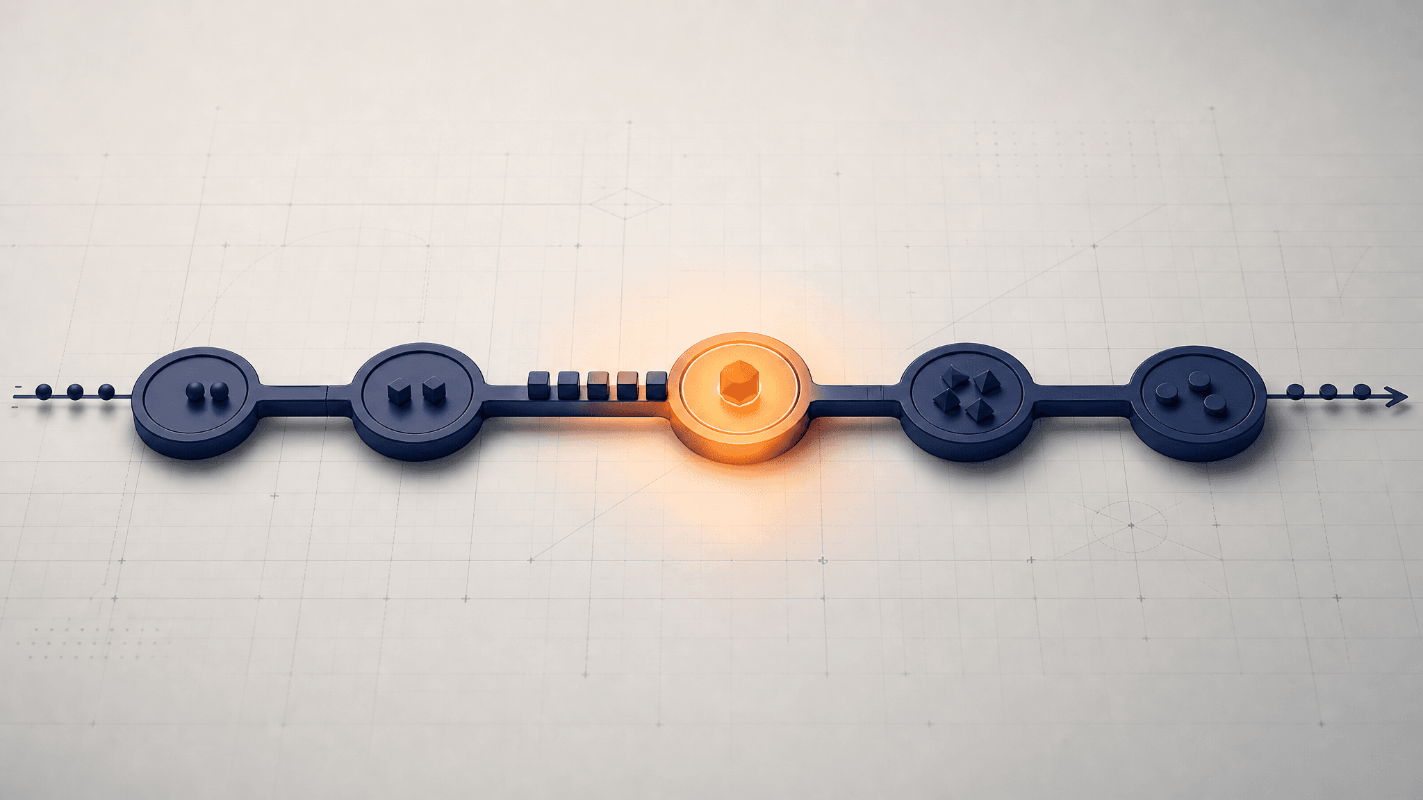 A process pipeline with one bottleneck node highlighted in warm orange